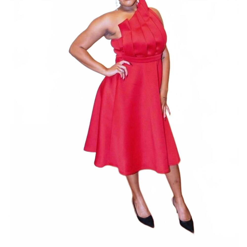 NEW METAMORPHOSIS patchwork one-shoulder evening party midi dress in red